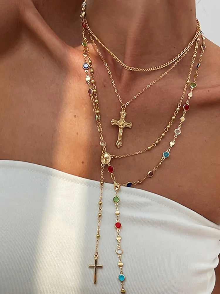Collier ras du cou simple avec pendentif croix de Jésus pour femme, chaîne en cristal coloré tendance, bijoux chrétiens, cadeau, 2025