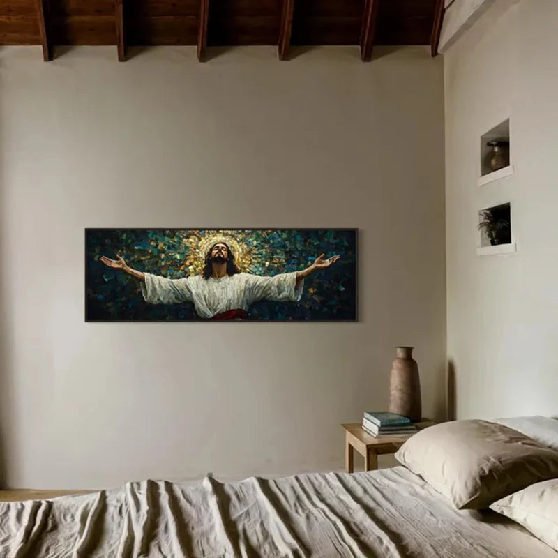 Impression sur toile murale Jésus - Toile mosaïque de Jésus les bras ouverts, lumière divine et spirituelle, affiche sur toile d'œuvre d'art chrétienne