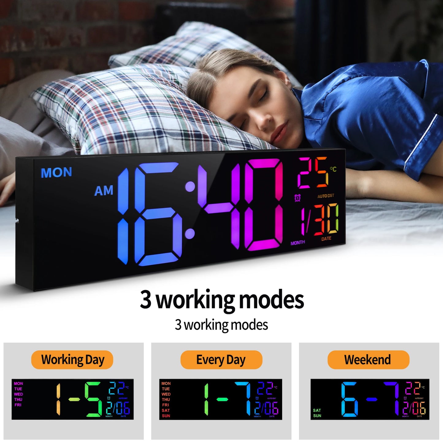 Horloge murale numérique de 16 pouces, grand écran LED avec télécommande, 8 couleurs RVB, alarme, heure d'été, température pour salon et cuisine.