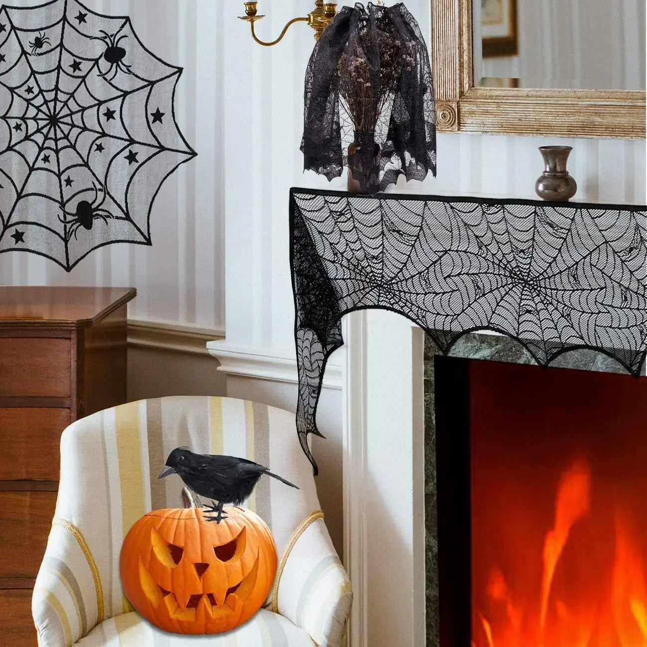 Nappe d'Halloween en dentelle noire avec toile d'araignée et chauve-souris, décoration de table familiale pour fête d'Halloween