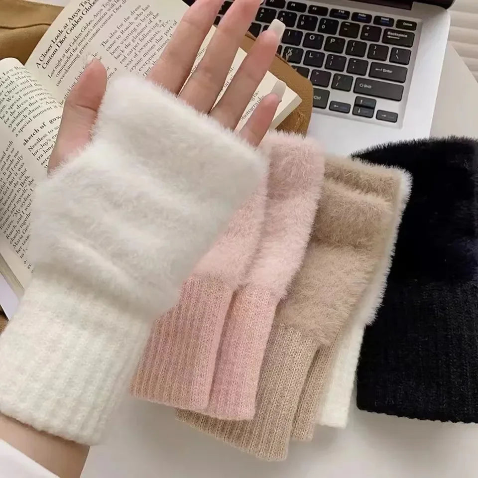 Gants demi-doigts en polaire de vison pour femmes, doux et chauds en hiver, couleur unie luxueuse, tricotés en peluche douce et sans doigts