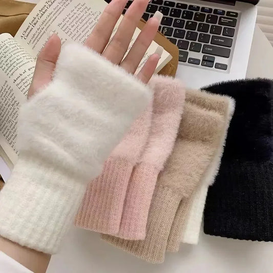 Gants demi-doigts en polaire de vison pour femmes, doux et chauds en hiver, couleur unie luxueuse, tricotés en peluche douce et sans doigts