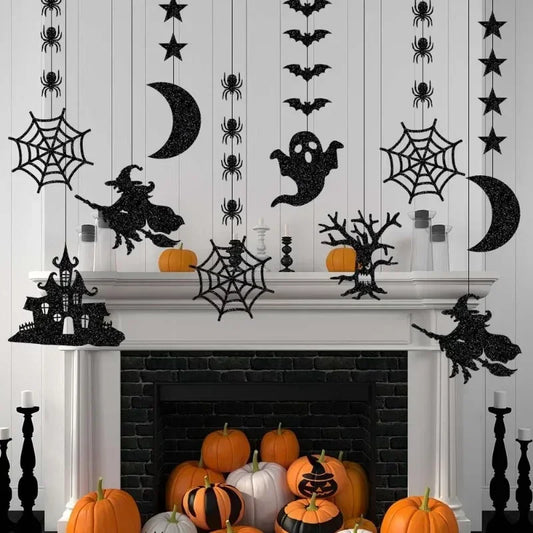 Lot de 6 guirlandes à suspendre pour Halloween, motif araignée, sorcière, fantôme, chauve-souris, décorations pour la maison