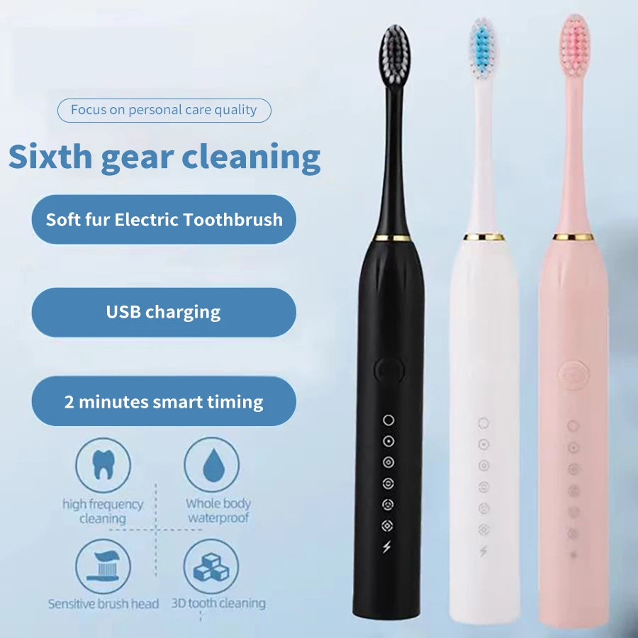 Brosse à dents électrique sonique pour adultes, tête de brosse DuPont étanche IPX7, rechargeable par USB, nettoyage haute fréquence, 6 modes de nettoyage