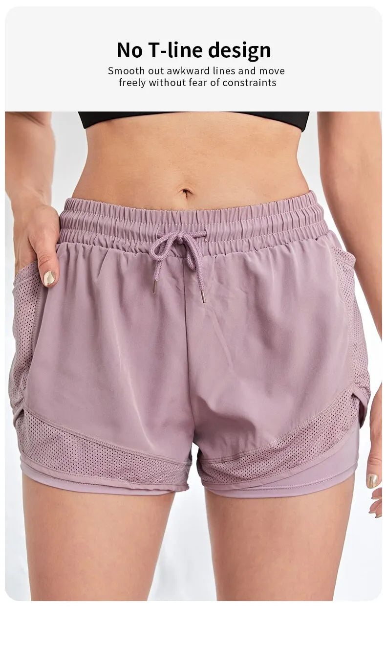 Short de sport élastique pour femme, short avec poches, faux legging de yoga deux pièces pour la course et l'entraînement