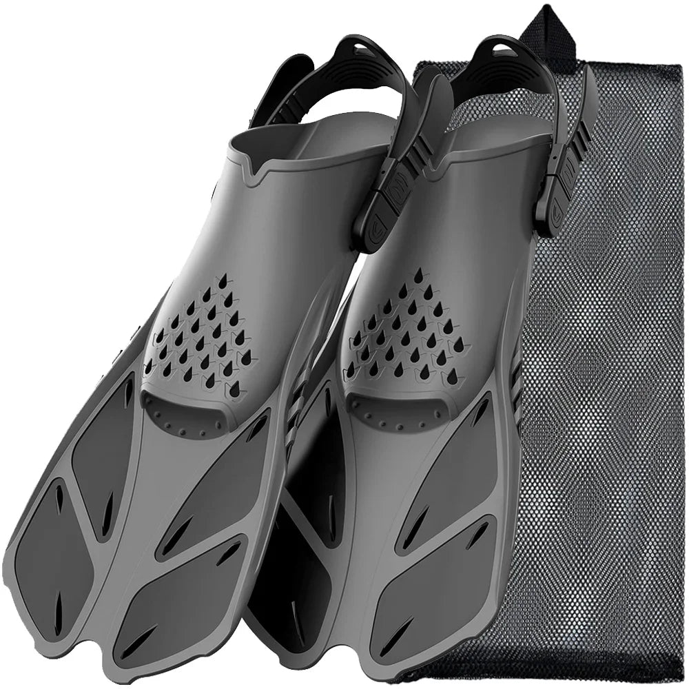 Palmes de plongée avec tuba, boucles réglables, palmes de natation, chaussures de plongée courtes en silicone, talon ouvert, taille de voyage, adulte, homme, femme