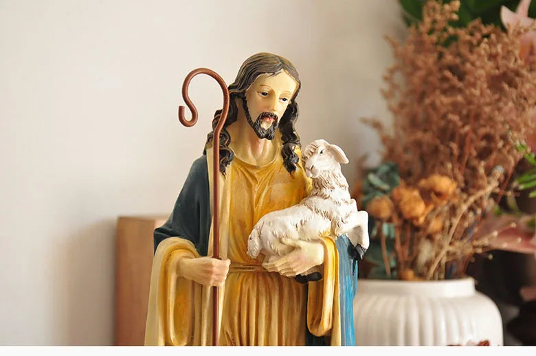 Figurine du Saint-Père Jésus, récits bibliques catholiques tenant un mouton, ornement pour la décoration de la maison ou du bureau, statue de croyance religieuse
