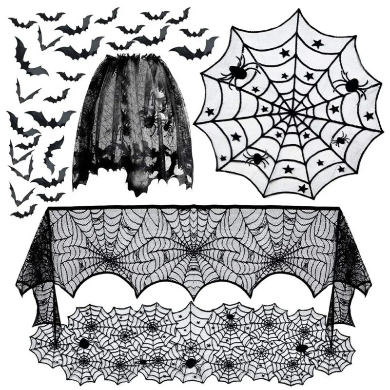 Nappe d'Halloween en dentelle noire avec toile d'araignée et chauve-souris, décoration de table familiale pour fête d'Halloween
