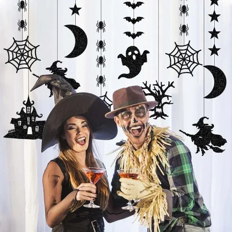 Lot de 6 guirlandes à suspendre pour Halloween, motif araignée, sorcière, fantôme, chauve-souris, décorations pour la maison