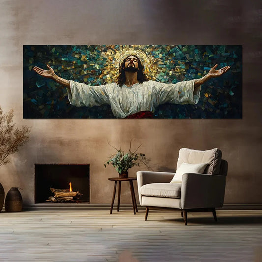 Impression sur toile murale Jésus - Toile mosaïque de Jésus les bras ouverts, lumière divine et spirituelle, affiche sur toile d'œuvre d'art chrétienne