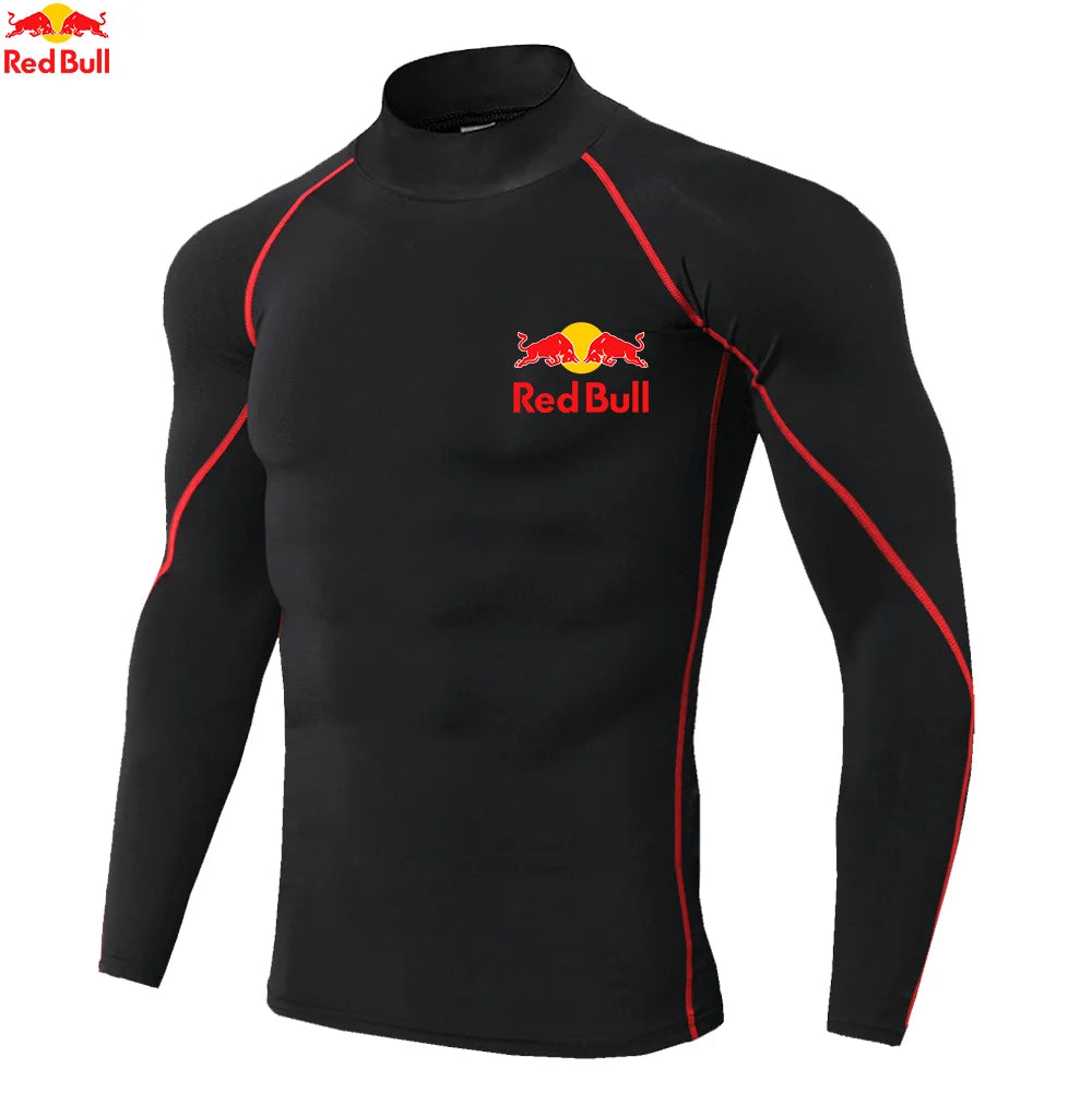 T-shirts de sport pour hommes, entraînement, exercice, compression, fitness, manches longues, sport, Red Bull, séchage rapide, serré, vêtements de sport
