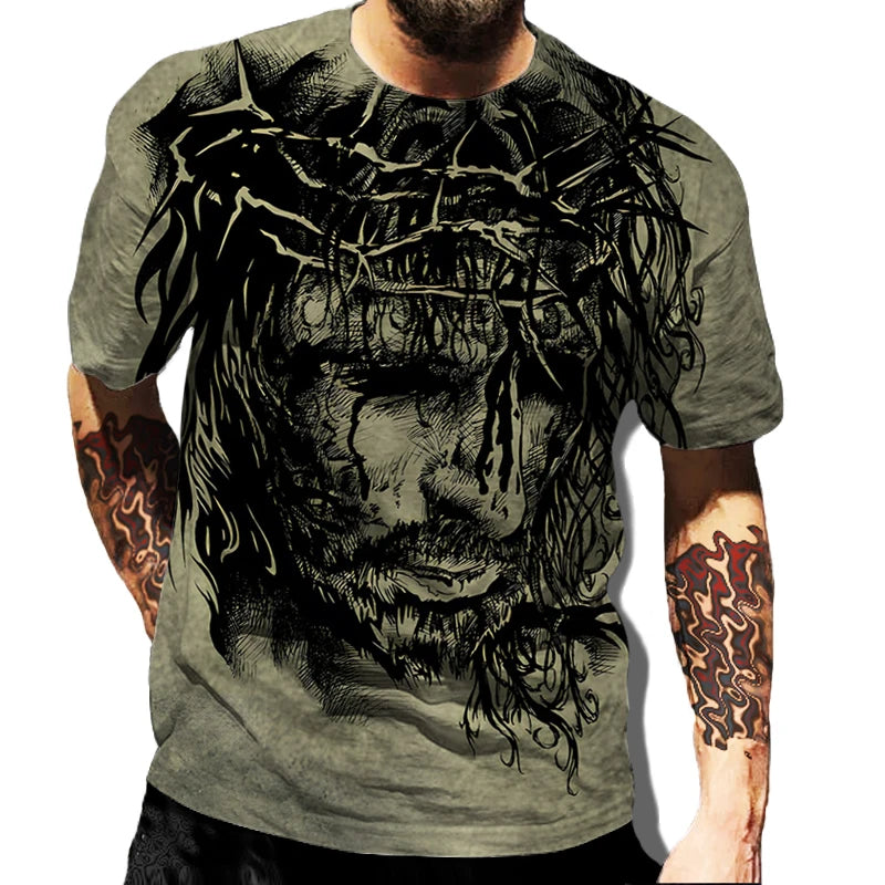 T-shirt homme imprimé en 3D avec croix de Jésus-Christ, style classique, manches courtes, coupe ample et décontractée, tendance streetwear.