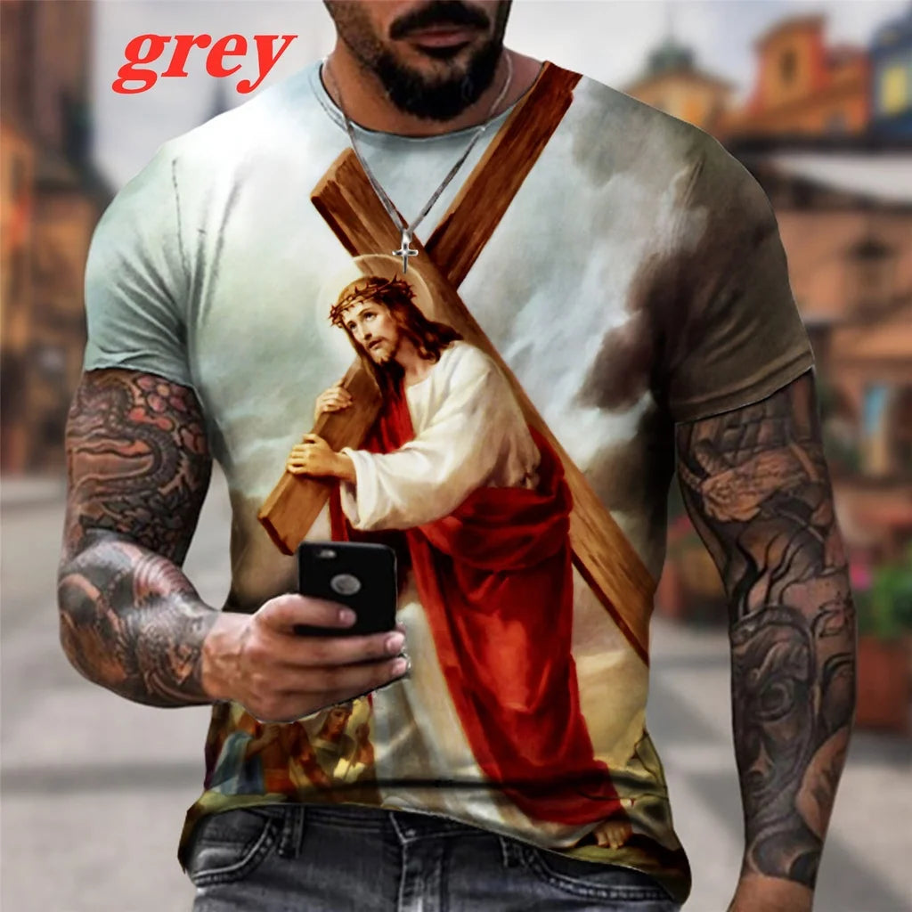 T-shirt à manches courtes pour homme, imprimé en 3D, motif croix et Jésus, nouvelle collection 2025