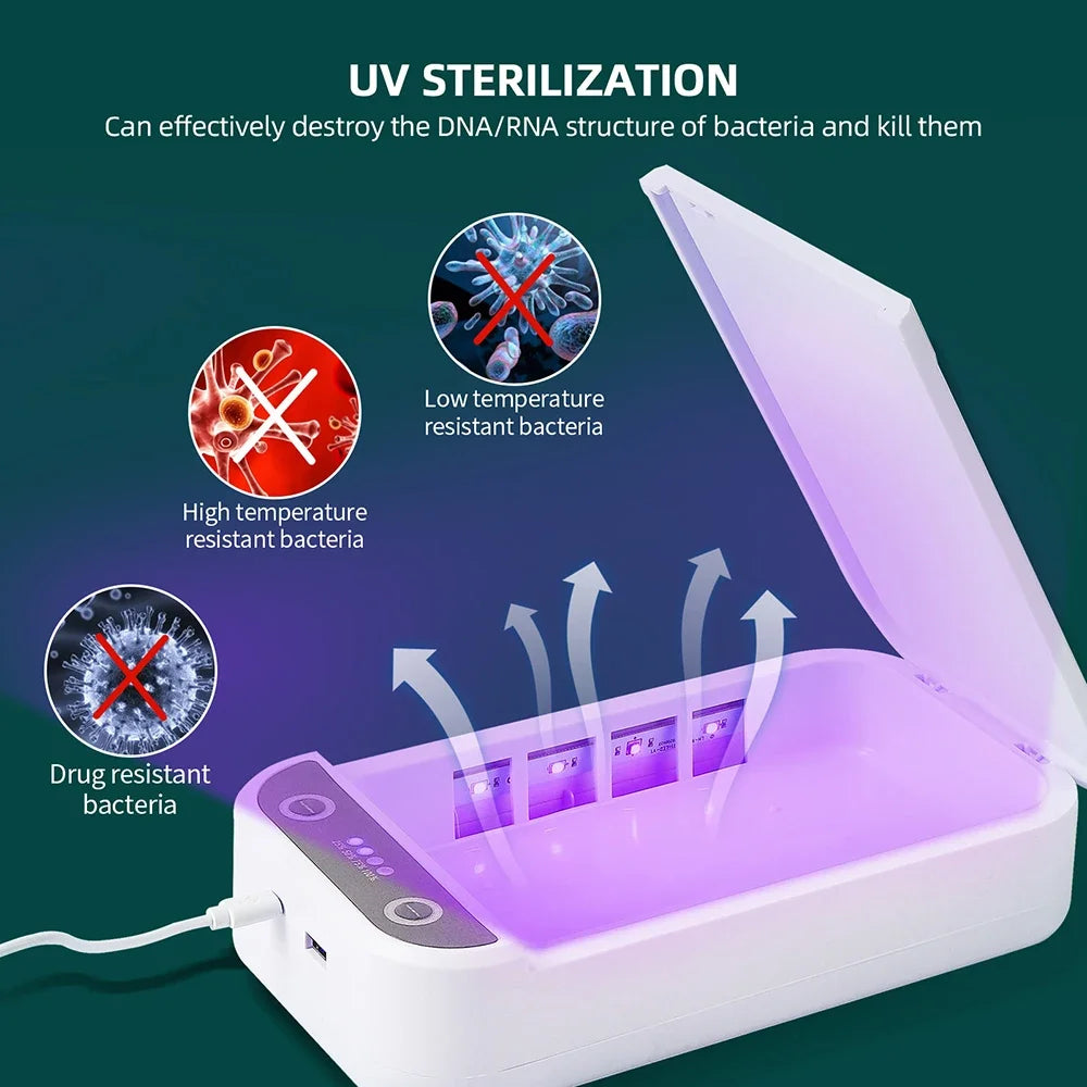 Stérilisateur UV Électrique Multifonction avec Aromathérapie et Chargement Sans Fil pour Smartphones.