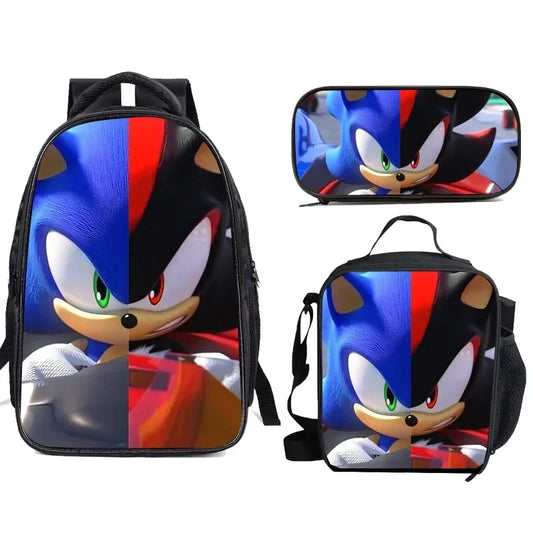 Ensemble de 3 sacs repas dessin animé, sac à déjeuner Sonic, sac à crayons, sac à dos pour élèves du primaire et du collège, sac d'école dessin animé Mochila