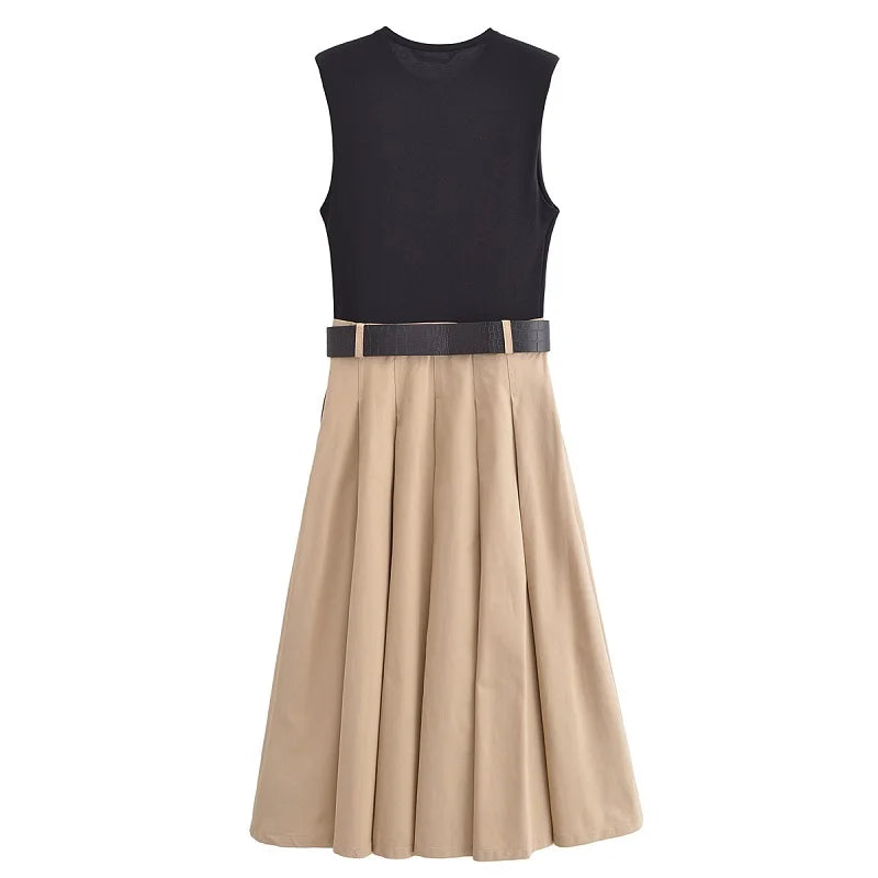 Robe midi plissée avec ceinture pour femme, robe d'été sans manches, robe de soirée tricotée pour femme, robe d'été