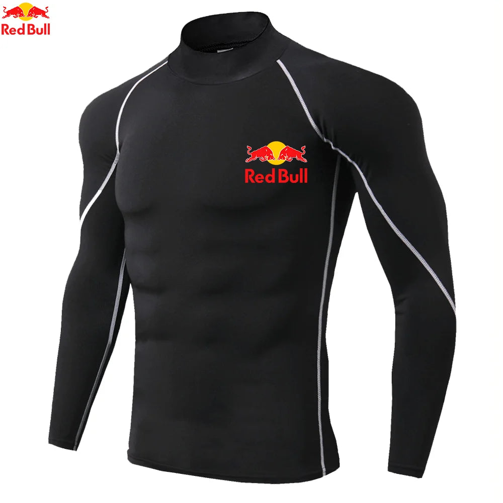 T-shirts de sport pour hommes, entraînement, exercice, compression, fitness, manches longues, sport, Red Bull, séchage rapide, serré, vêtements de sport