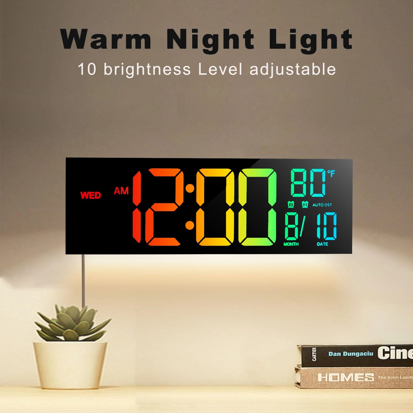 Horloge murale numérique de 16 pouces, grand écran LED avec télécommande, 8 couleurs RVB, alarme, heure d'été, température pour salon et cuisine.