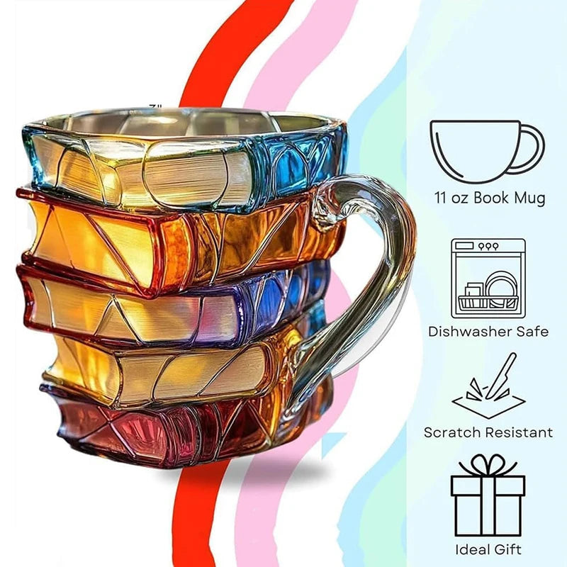 Mug créatif en résine peinte, 325 ml, motif livres 3D, tasse à café originale en résine colorée, collection de tasses à café empilables, cadeaux