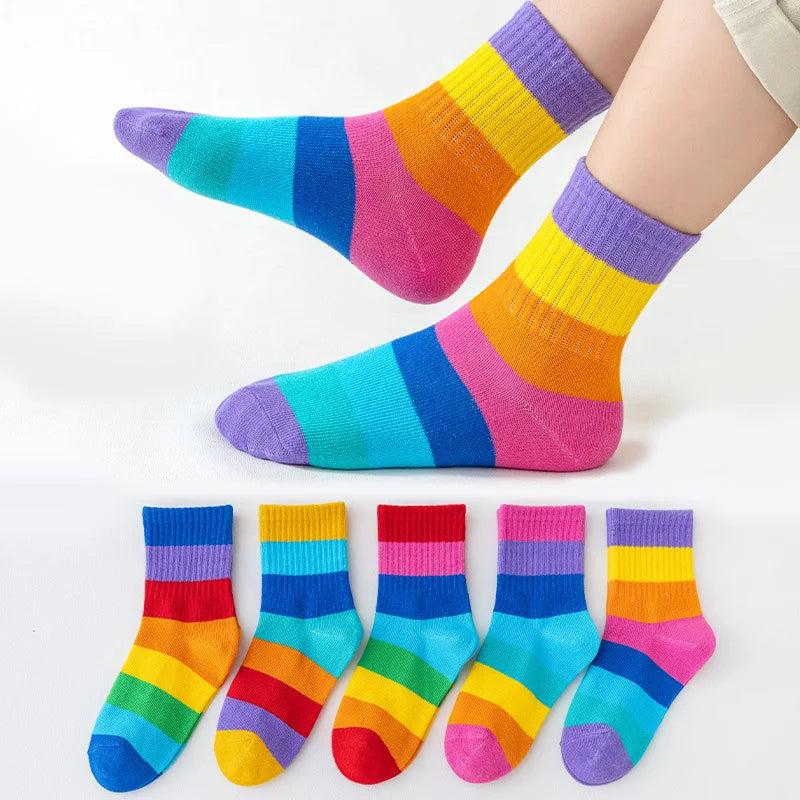 Lot de 5 paires de chaussettes arc-en-ciel pour fille, en coton, confortables, respirantes et douces