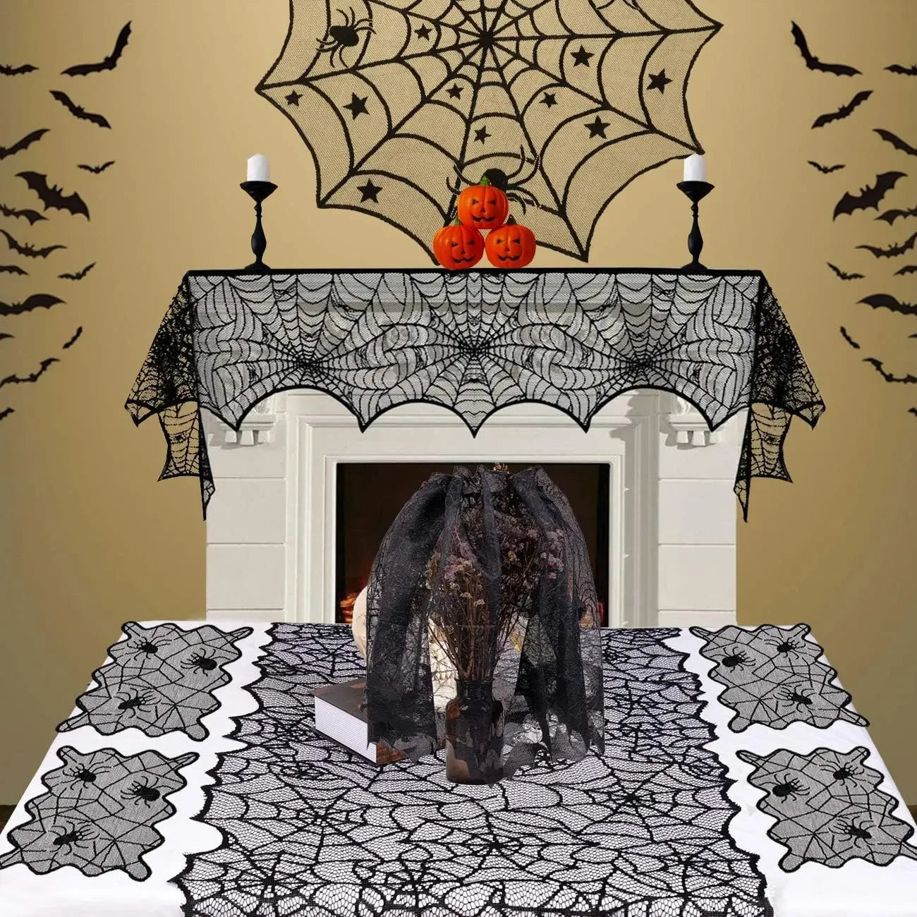 Nappe d'Halloween en dentelle noire avec toile d'araignée et chauve-souris, décoration de table familiale pour fête d'Halloween