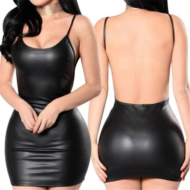 Robe courte sexy en similicuir dos nu, idéale pour les soirées en boîte. Robe moulante noire effet mouillé en latex, soutien-gorge push-up, mini-robe.