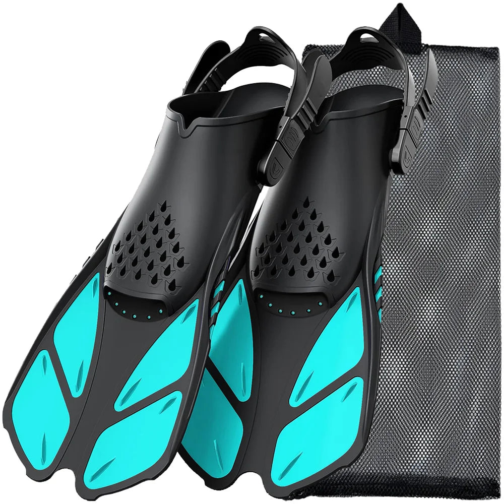 Palmes de plongée avec tuba, boucles réglables, palmes de natation, chaussures de plongée courtes en silicone, talon ouvert, taille de voyage, adulte, homme, femme