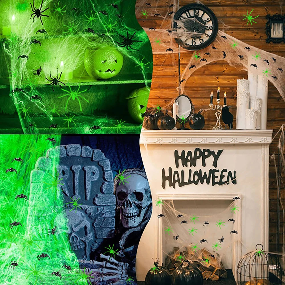 Toiles d'araignée fluorescentes pour Halloween, toiles d'araignée phosphorescentes, toiles d'araignée d'Halloween, décorations d'horreur en plein air
