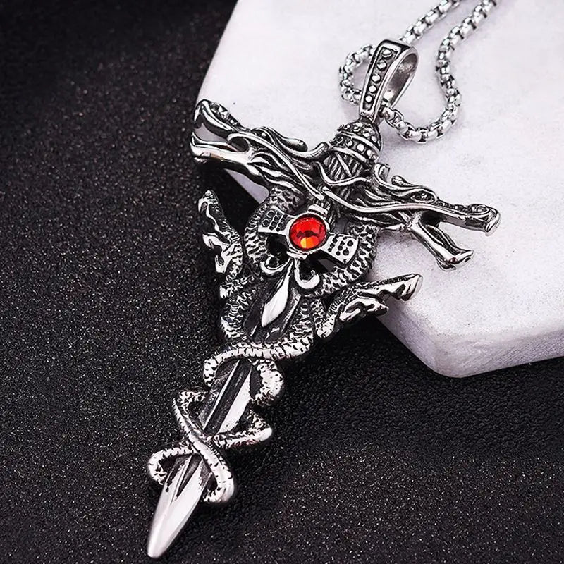 Collier homme, pendentif double épée de dragon, anneau ras du cou, vintage, croix, bijoux cadeau