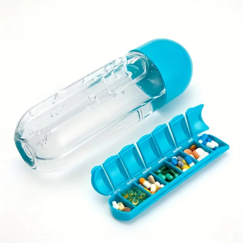 Bouteille d'eau portable avec pilulier intégré pour médicaments et vitamines, idéale pour l'extérieur, la salle de sport, le fitness, le camping et les voyages.