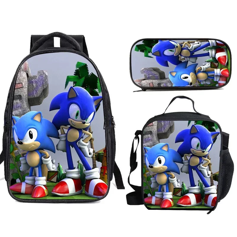 Ensemble de 3 sacs repas dessin animé, sac à déjeuner Sonic, sac à crayons, sac à dos pour élèves du primaire et du collège, sac d'école dessin animé Mochila