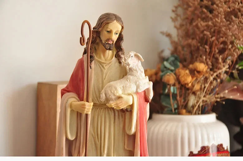 Figurine du Saint-Père Jésus, récits bibliques catholiques tenant un mouton, ornement pour la décoration de la maison ou du bureau, statue de croyance religieuse