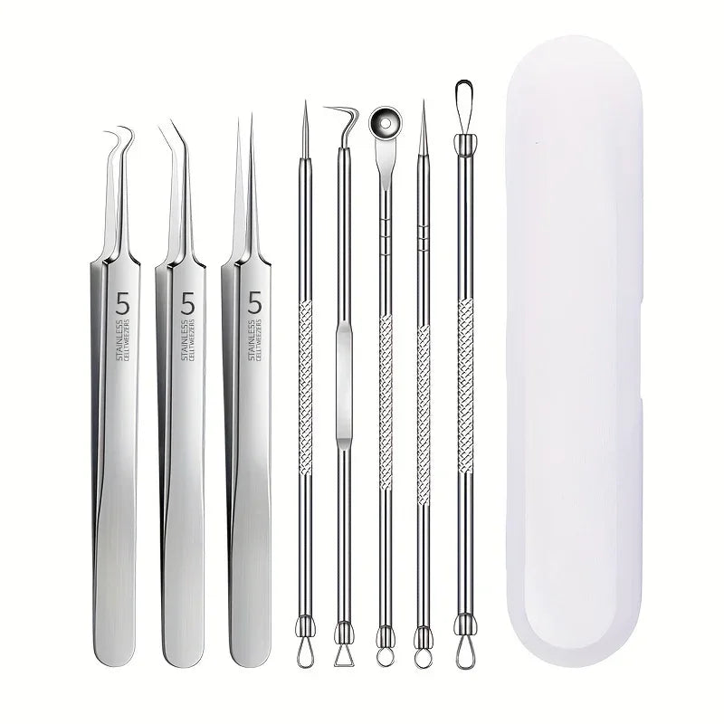Ensemble d'outils pour éliminer les points noirs en acier inoxydable (1, 3 ou 8 pièces) : pince à points noirs, pince à épiler, outil pour éliminer les points noirs et l'acné