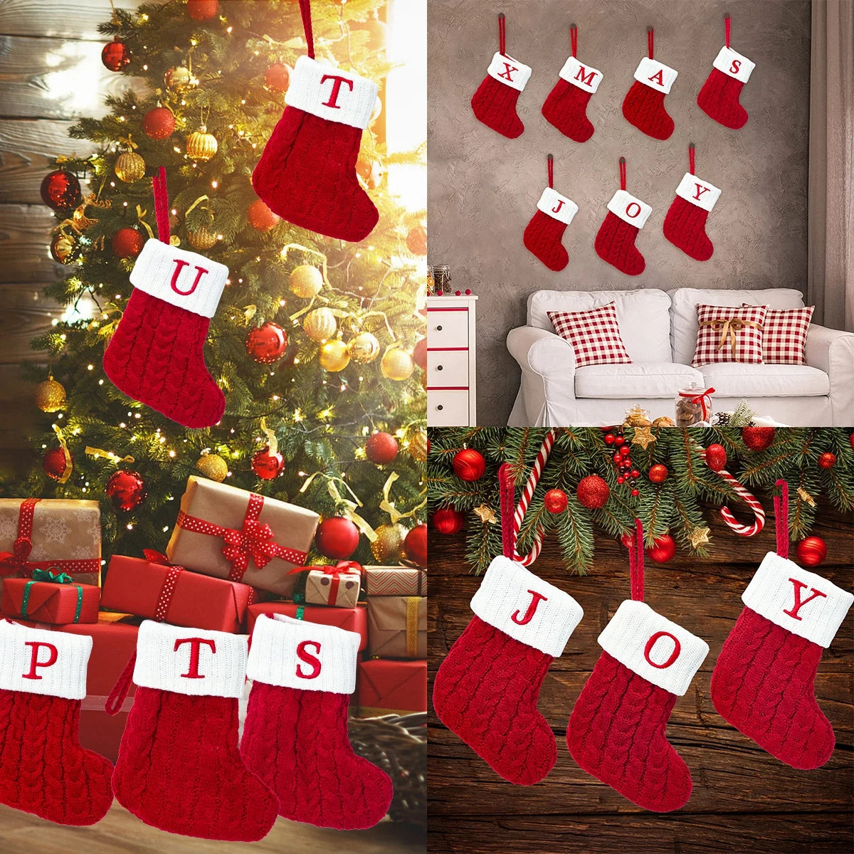 Chaussettes de Noël tricotées avec flocons de neige et lettres, décoration de Noël 2025 pour la maison, ornement pour sapin de Noël, cadeau pour Noël 2026