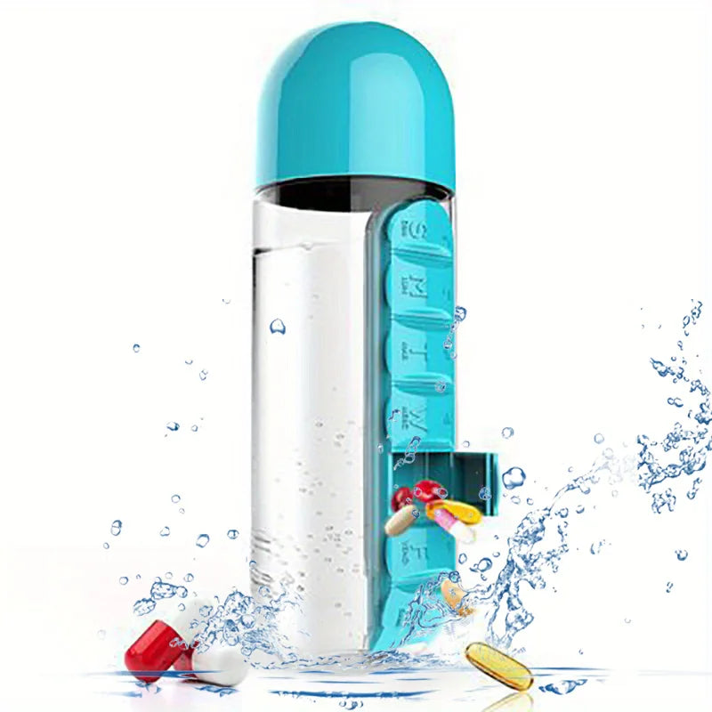 Bouteille d'eau portable avec pilulier intégré pour médicaments et vitamines, idéale pour l'extérieur, la salle de sport, le fitness, le camping et les voyages.