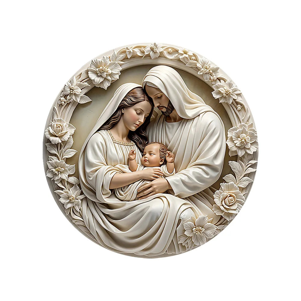 Crèche classique en bois représentant la Sainte Famille (Marie, Jésus et Joseph), décoration murale.