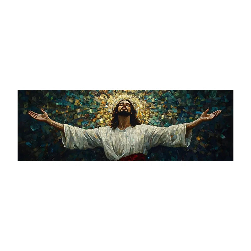 Impression sur toile murale Jésus - Toile mosaïque de Jésus les bras ouverts, lumière divine et spirituelle, affiche sur toile d'œuvre d'art chrétienne