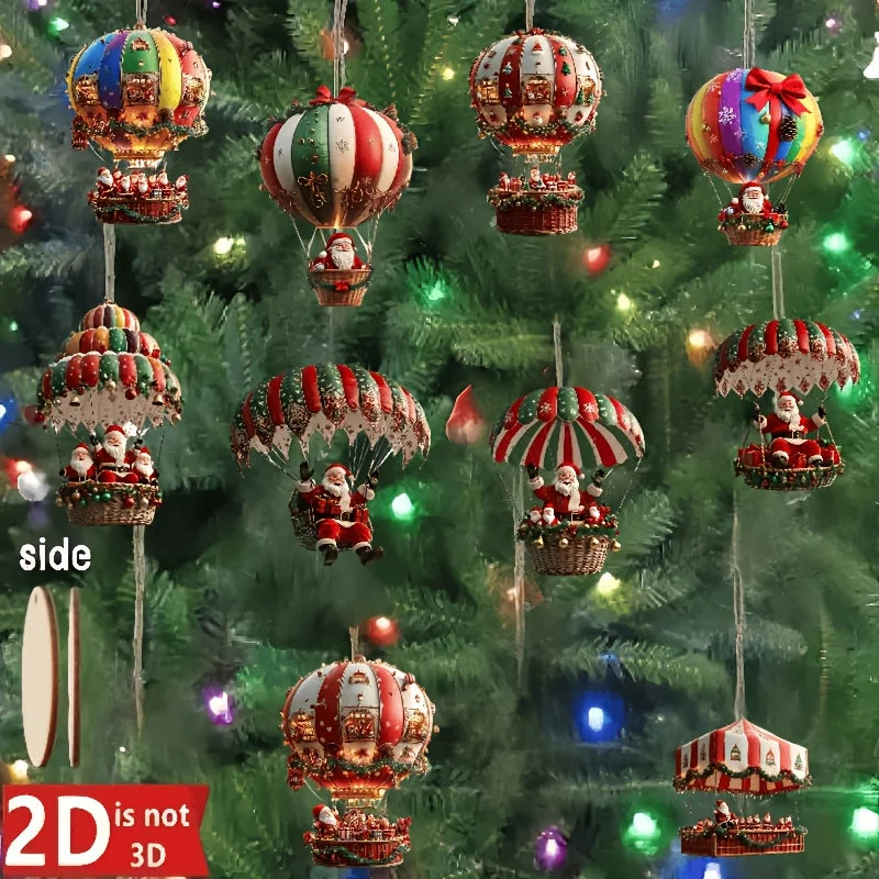 Lot de 10 montgolfières de Noël en bois 2D, pendentif plat en bois, décoration d'arbre de Noël, cadeau idéal pour les vacances