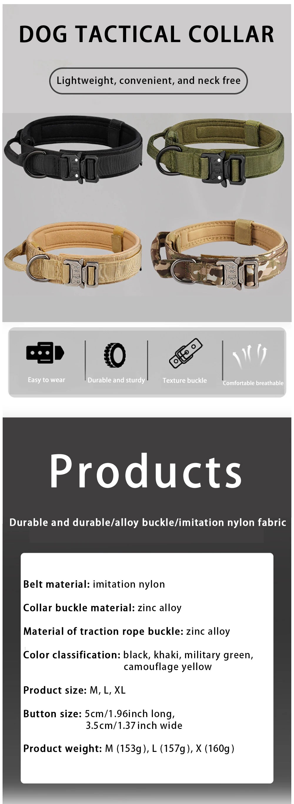Collier tactique d'extérieur pour chien avec boucle en métal et nylon respirant, collier de dressage pour chien de taille moyenne et grande