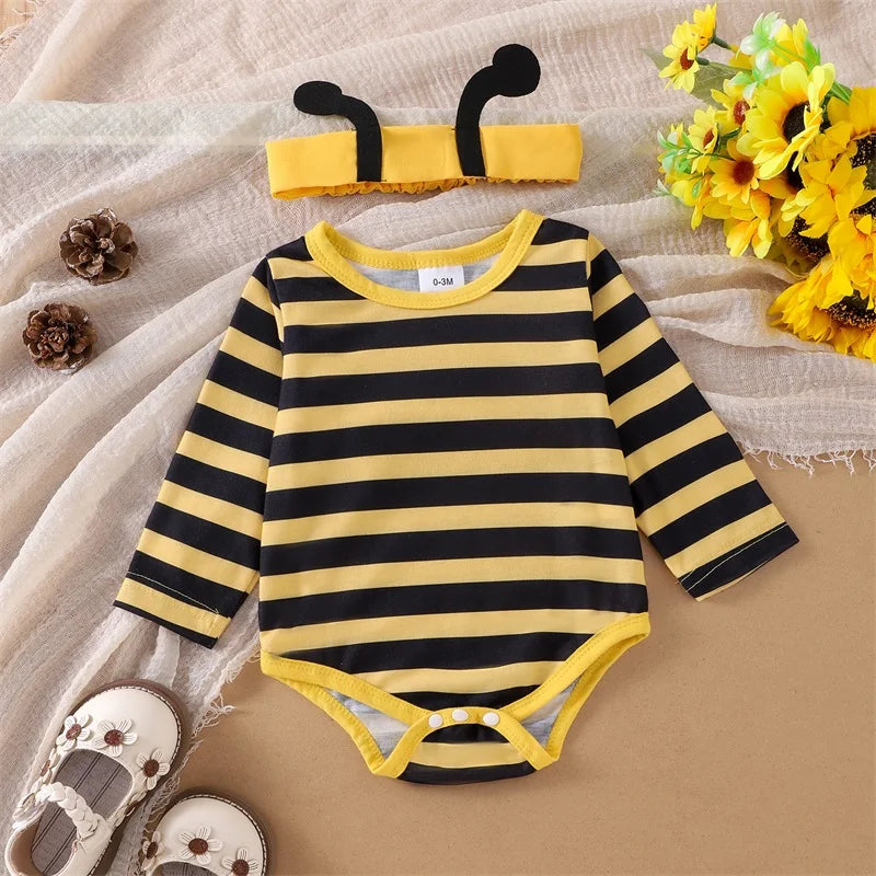 Tenue pour nouveau-né fille, barboteuse à manches longues et volantes, jupe à bretelles et abeille, vêtements mignons pour bébé fille, automne et hiver
