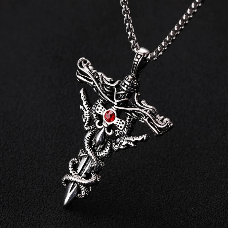 Collier homme, pendentif double épée de dragon, anneau ras du cou, vintage, croix, bijoux cadeau