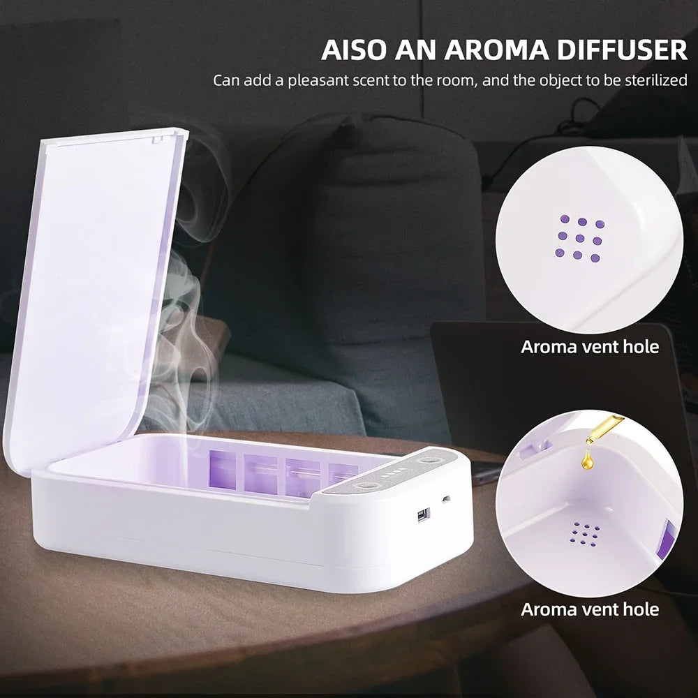 Stérilisateur UV Électrique Multifonction avec Aromathérapie et Chargement Sans Fil pour Smartphones.