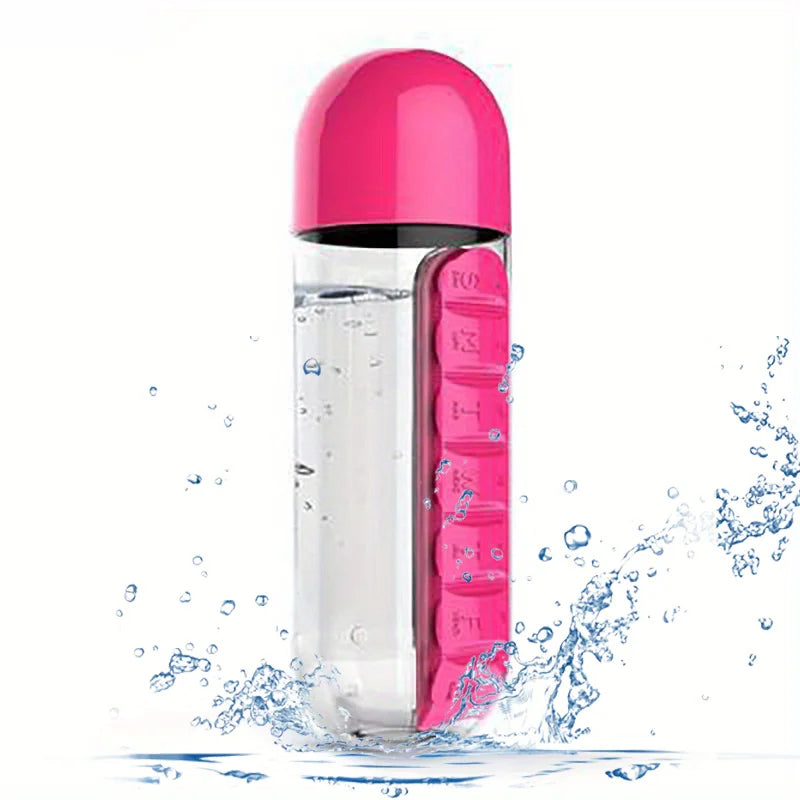 Bouteille d'eau portable avec pilulier intégré pour médicaments et vitamines, idéale pour l'extérieur, la salle de sport, le fitness, le camping et les voyages.
