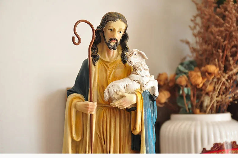 Figurine du Saint-Père Jésus, récits bibliques catholiques tenant un mouton, ornement pour la décoration de la maison ou du bureau, statue de croyance religieuse