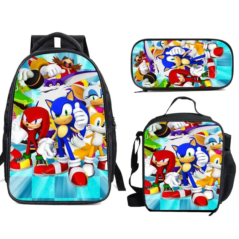 Ensemble de 3 sacs repas dessin animé, sac à déjeuner Sonic, sac à crayons, sac à dos pour élèves du primaire et du collège, sac d'école dessin animé Mochila