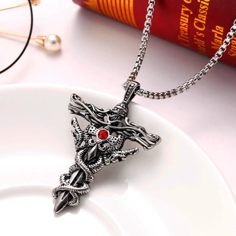 Collier homme, pendentif double épée de dragon, anneau ras du cou, vintage, croix, bijoux cadeau