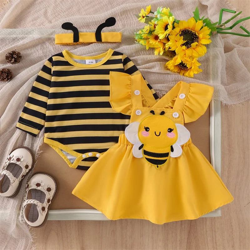 Tenue pour nouveau-né fille, barboteuse à manches longues et volantes, jupe à bretelles et abeille, vêtements mignons pour bébé fille, automne et hiver
