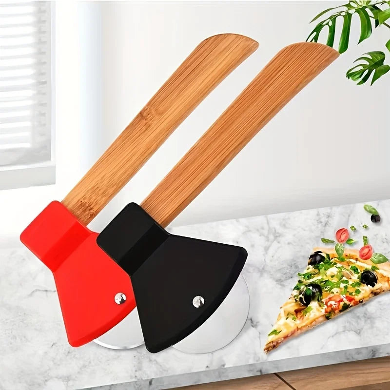 1 couteau à pizza à rouleau en acier inoxydable, manche en bois créatif, hache, couteau à pizza circulaire à manche central