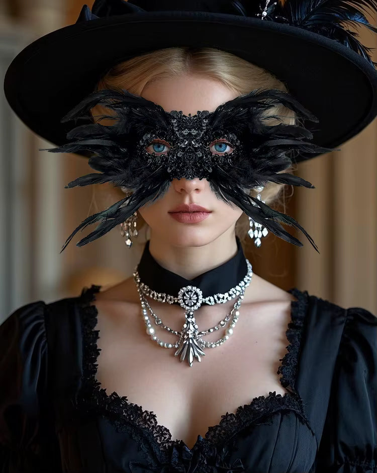Masque de plumes populaire de style gothique pour Halloween, demi-masque en plumes pour mascarade de performance, élégant cache-yeux à paillettes