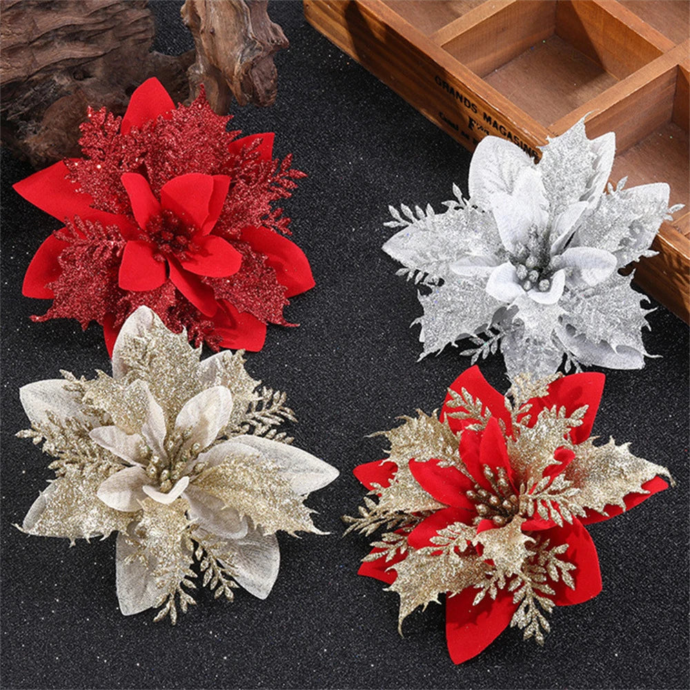 Décorations de Noël en fleurs artificielles, roses, rouges, dorées et scintillantes, pour sapin de Noël, décoration d'intérieur